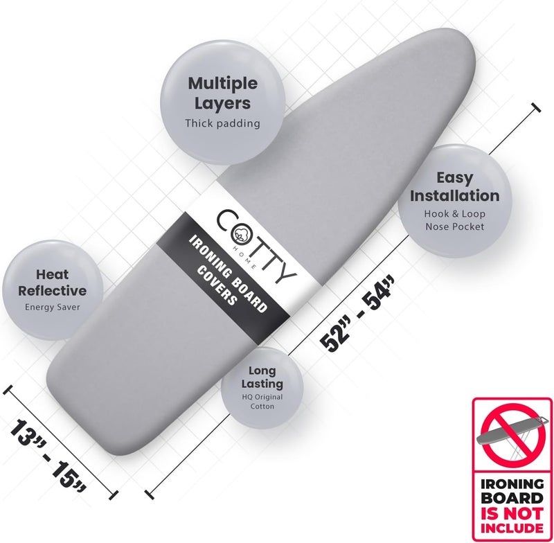 COTTY HOME Store أغطية طاولة الكي السميكة مع وسادة بحجم قياسي 15x54، عاكسة للحرارة ومقاومة للاحتراق، تناسب محكمة مع جيب أنف غير قابل للانزلاق وأشرطة تثبيت مرنة، رمادي - Image 3